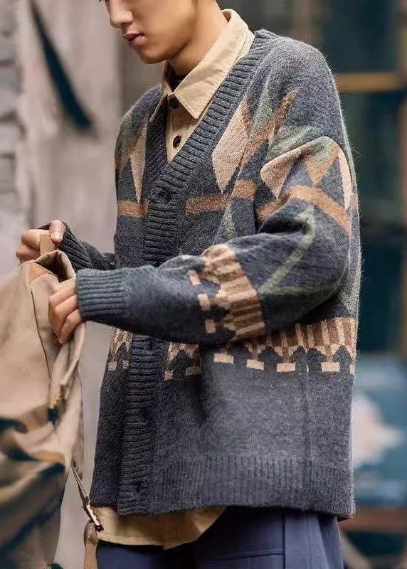 Jacquard Dark Gray V Neck Button Knit Coat Spring