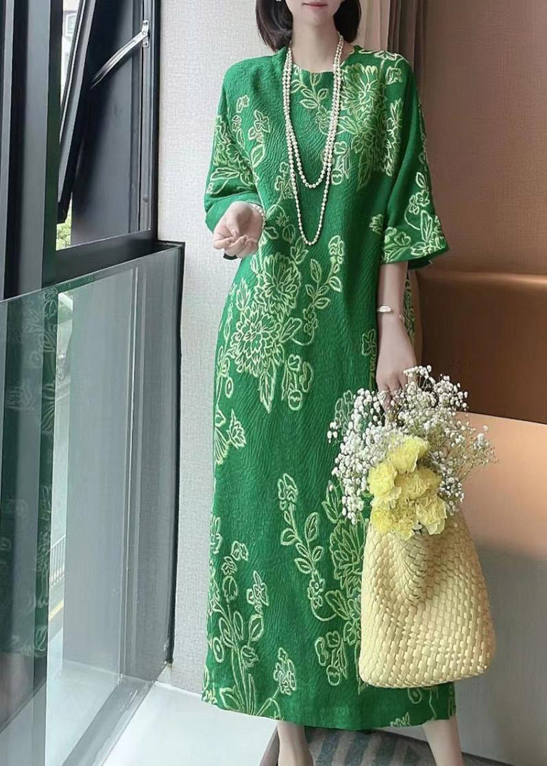 Jacquard Green O-neck Print Pockets Silk Dress Half Sleeve