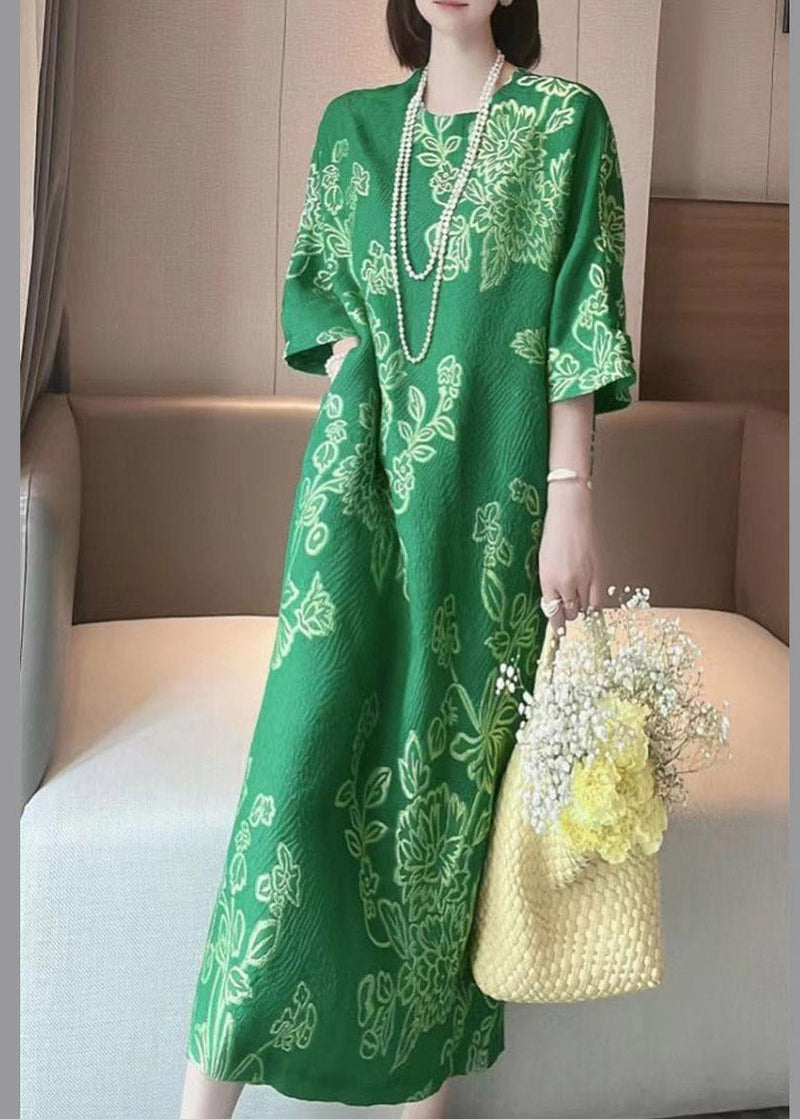 Jacquard Green O-neck Print Pockets Silk Dress Half Sleeve