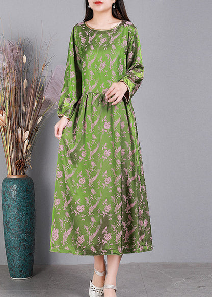 Jacquard Green O-neck Silk Dress Long Sleeve