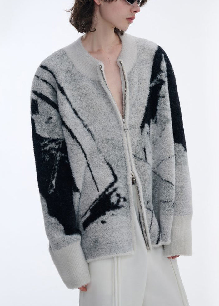 Jacquard Grey Asymmetrical Zip Up Patchwork Knit Cardigans Fall