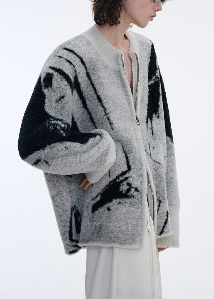 Jacquard Grey Asymmetrical Zip Up Patchwork Knit Cardigans Fall