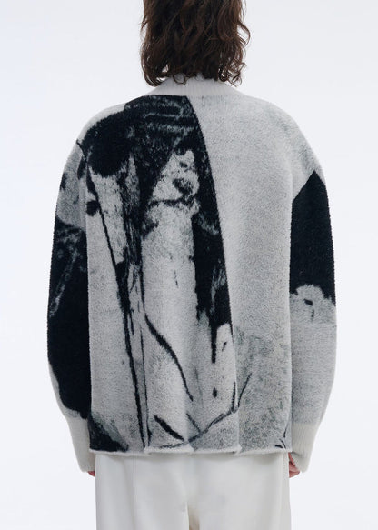 Jacquard Grey Asymmetrical Zip Up Patchwork Knit Cardigans Fall