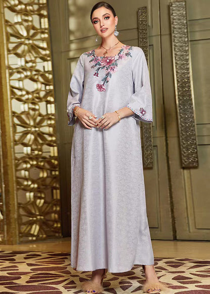 Jacquard Grey O-neck Embroideried Silk Maxi Dresses Fall