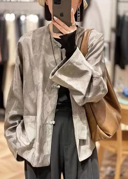 Jacquard Grey O-neck Pockets Coats Spring