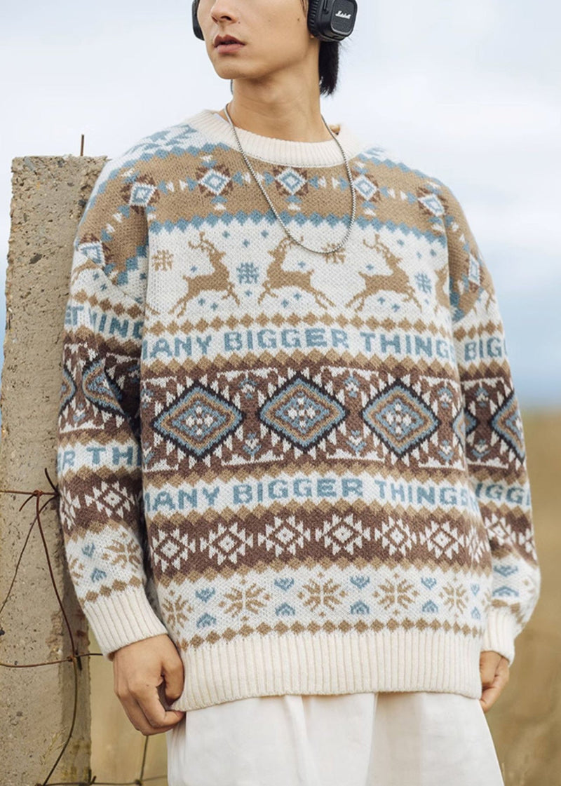 Jacquard Khaki O Neck Cozy Knit Sweater Tops Winter