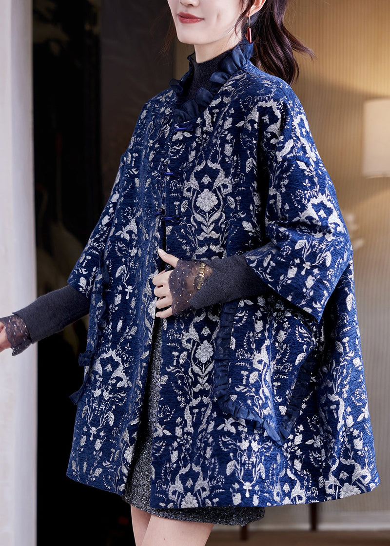 Jacquard Navy Blue Pockets Thick Coat Three Quarter Sleeve Sleeve