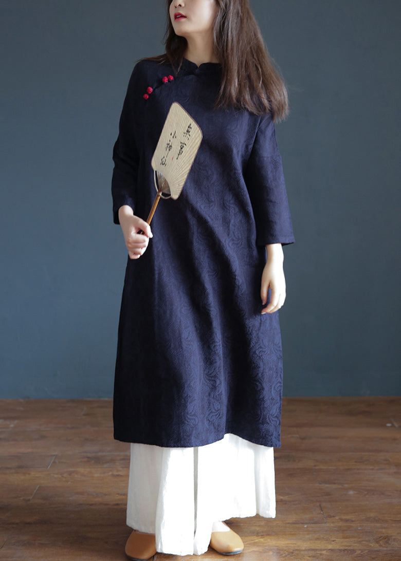 Jacquard Navy Blue Stand Collar Embroideried Button Maxi Dresses Spring