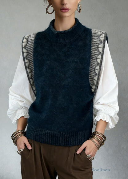 Jacquard Navy Cozy Patchwork Knit Vest Sleeveless