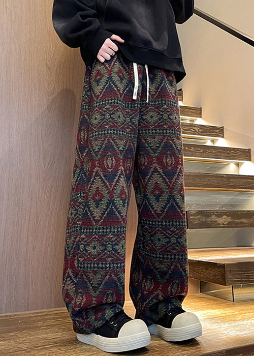 Jacquard Navy Pockets Elastic Waist Warm Fleece Pants Winter
