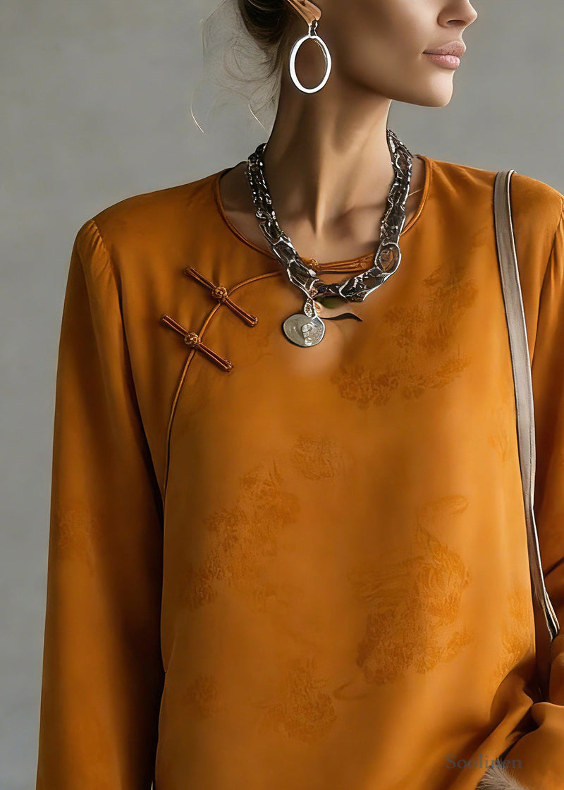 Jacquard Orange O-neck Patchwork Silk Cotton Shirts Flare Sleeve