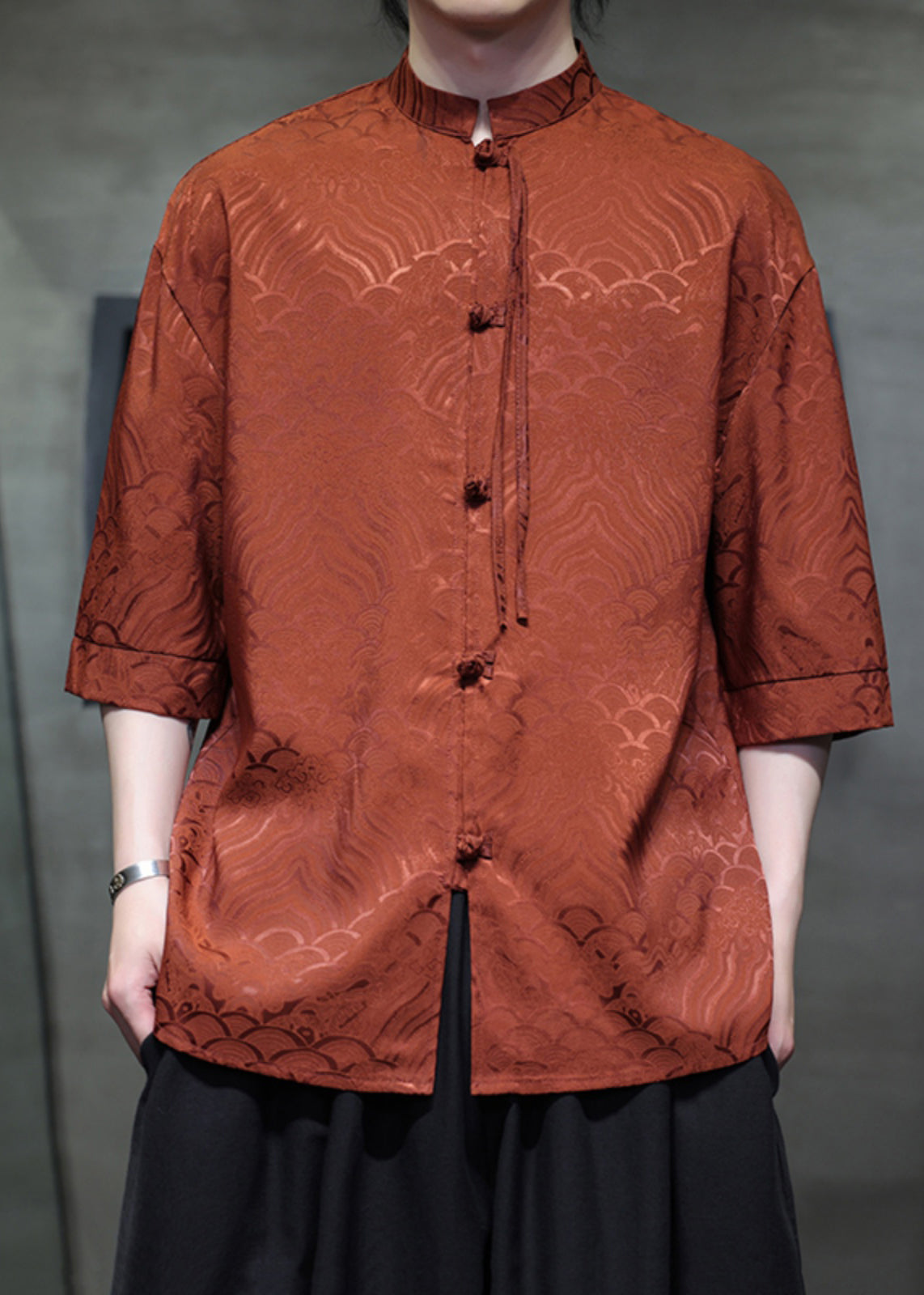 Jacquard Orange Stand Collar Chinese Button Ice Silk Shirts Summer