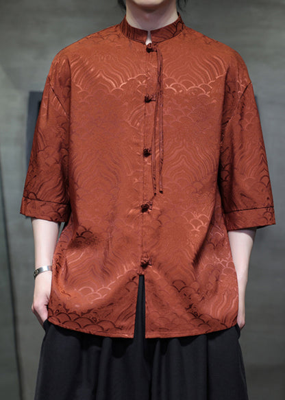 Jacquard Orange Stand Collar Chinese Button Ice Silk Shirts Summer