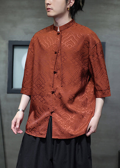 Jacquard Orange Stand Collar Chinese Button Ice Silk Shirts Summer