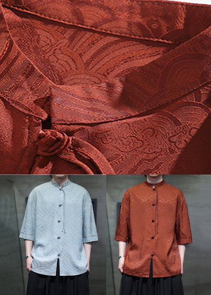 Jacquard Orange Stand Collar Chinese Button Ice Silk Shirts Summer