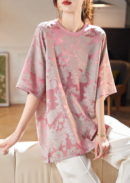 Jacquard Pink O-neck Chiffon T Shirt Short Sleeve