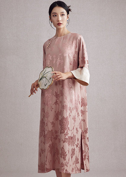 Jacquard Pink O-neck Pockets Button Long Dresses Long Sleeve