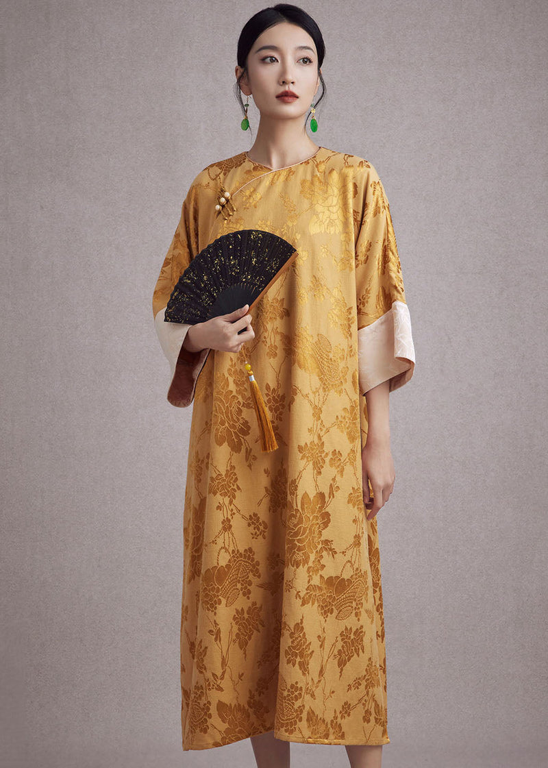 Jacquard Pink O-neck Pockets Button Long Dresses Long Sleeve