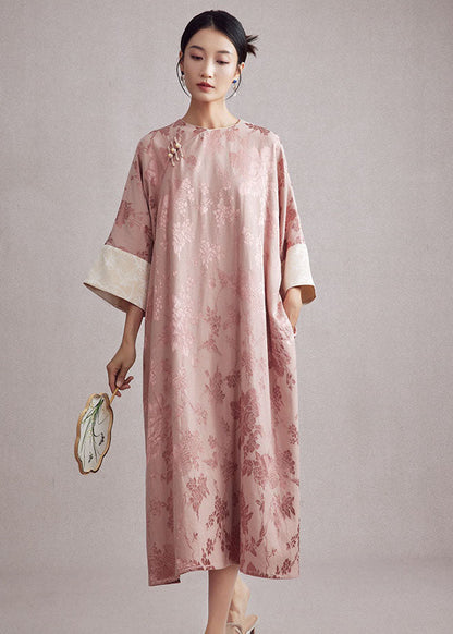 Jacquard Pink O-neck Pockets Button Long Dresses Long Sleeve