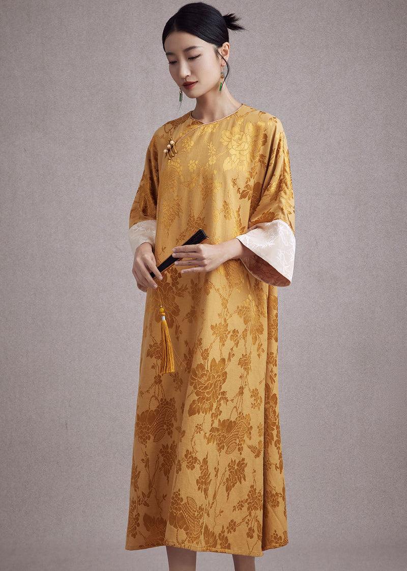 Jacquard Pink O-neck Pockets Button Long Dresses Long Sleeve