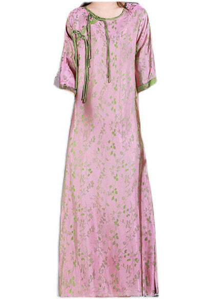 Jacquard Pink O-neck Print Button Silk Long Dress Half Sleeve