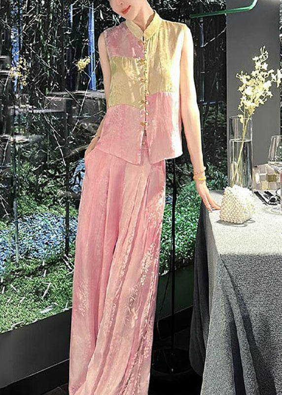 Jacquard Pink Stand Collar Patchwork Silk Cotton Shirts and Wide Leg Pants Two Piece Set Sleeveless