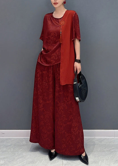 Jacquard Red Asymmetrical Patchwork Tassel Silk Top and Wide Leg Pants Two Pieces Set Short Sleeve