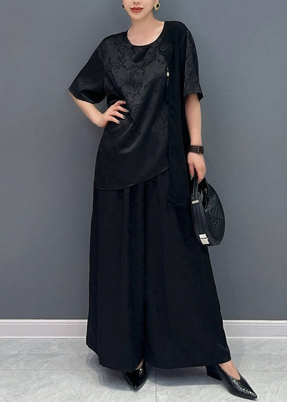 Jacquard Red Asymmetrical Patchwork Tassel Silk Top and Wide Leg Pants Two Pieces Set Short Sleeve