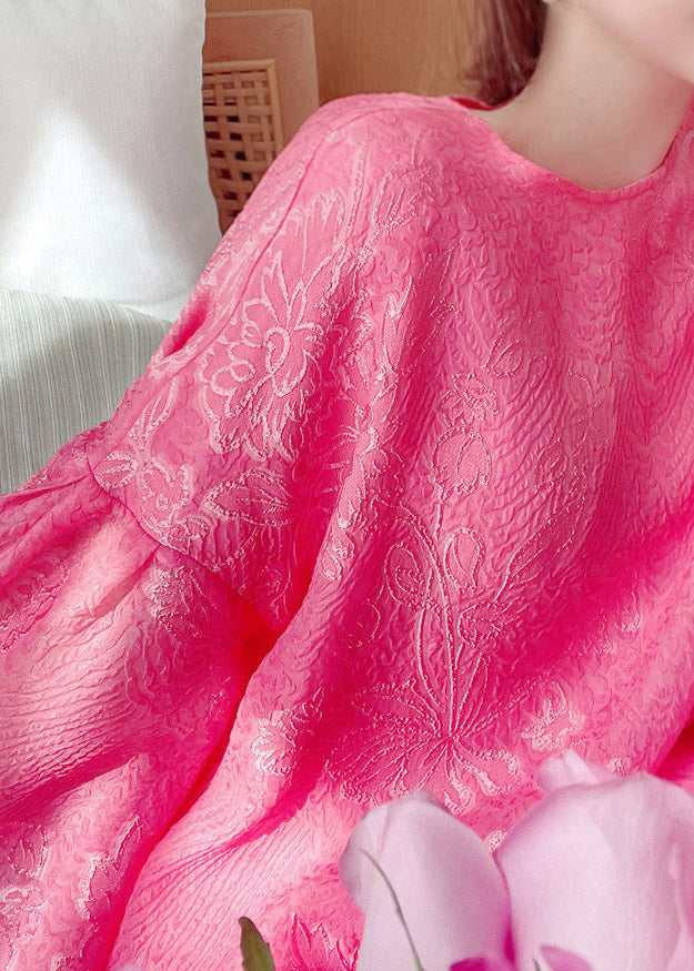 Jacquard Red O-neck Silk Maxi Dress Flare Sleeve