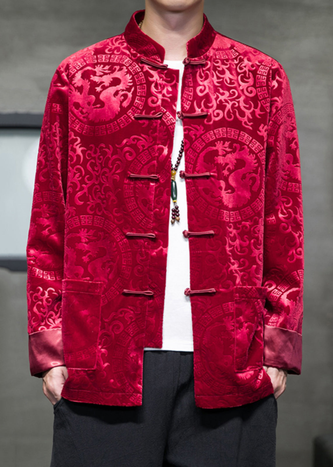 Jacquard Red Pockets Button Silk Velour Coats Spring