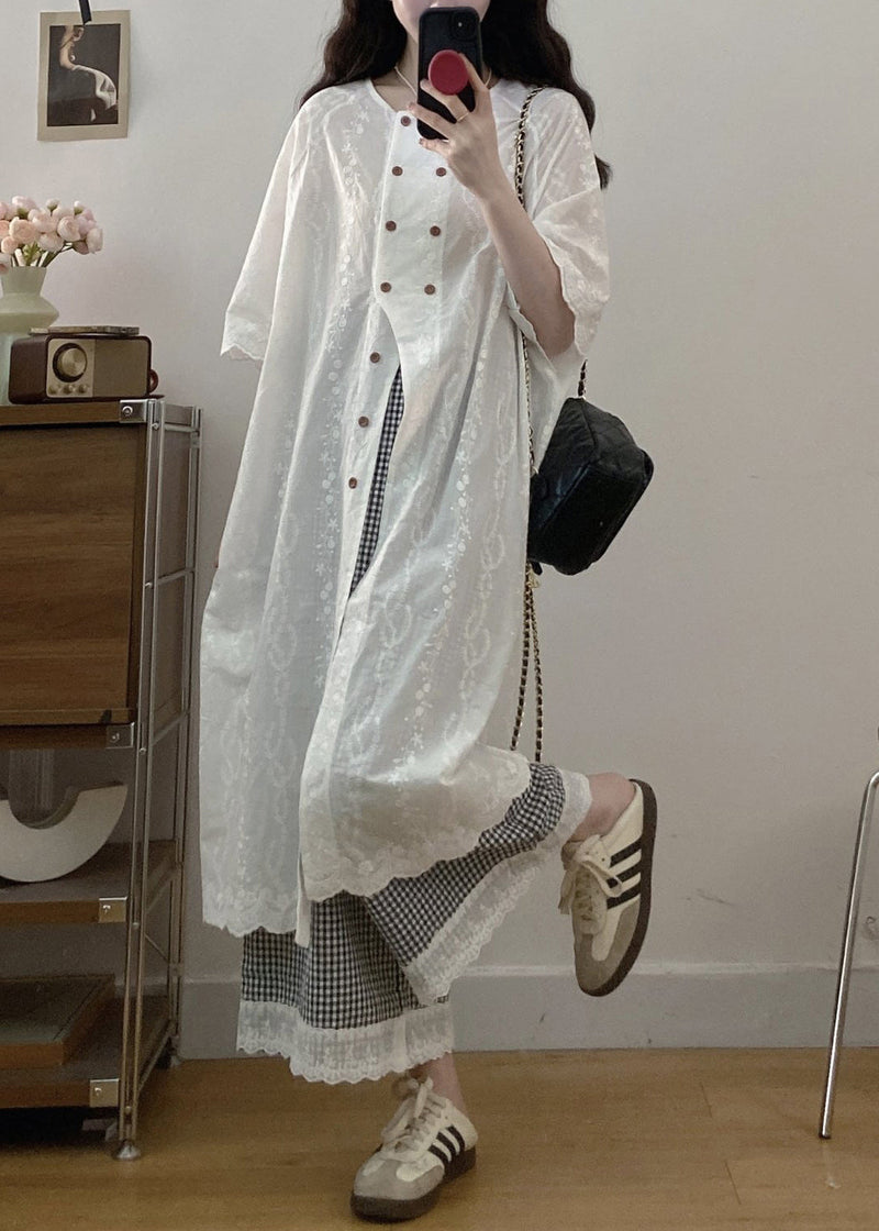 Jacquard White Button Shirt Dress and Plaid Wide Leg Pants Cotton Two Piece Set Half Sleeve