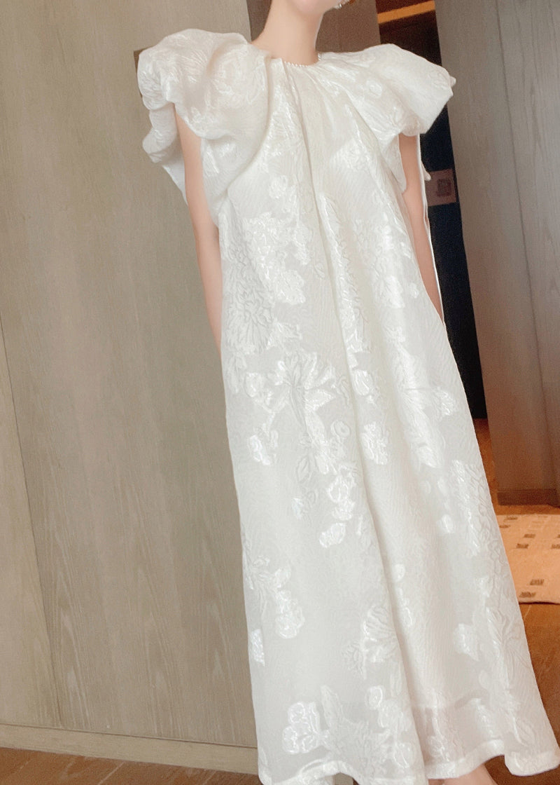 Jacquard White O-neck Silk Long Dresses Short Sleeve