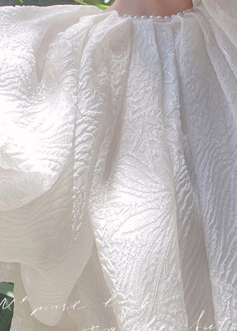 Jacquard White O-neck Silk Long Dresses Short Sleeve