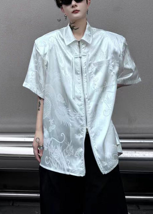 Jacquard White Peter Pan Collar Button Silk Shirts Summer