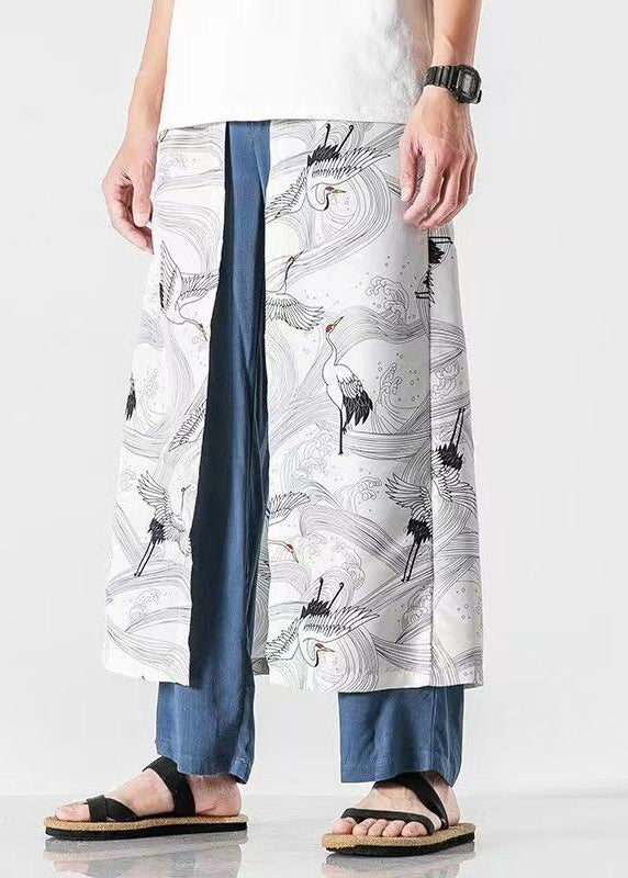 Japanese Peacock Blue Oriental Print Cotton Pants Summer