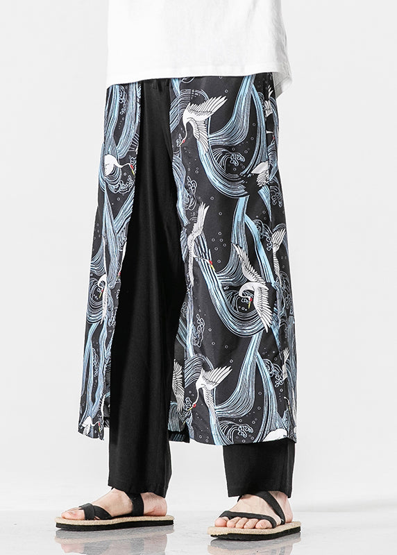 Japanese Peacock Blue Oriental Print Cotton Pants Summer