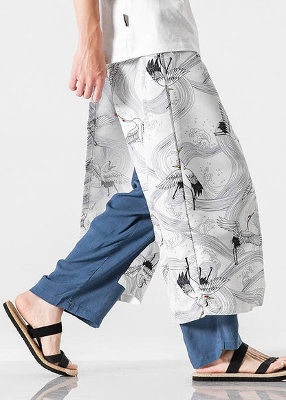 Japanese Peacock Blue Oriental Print Cotton Pants Summer