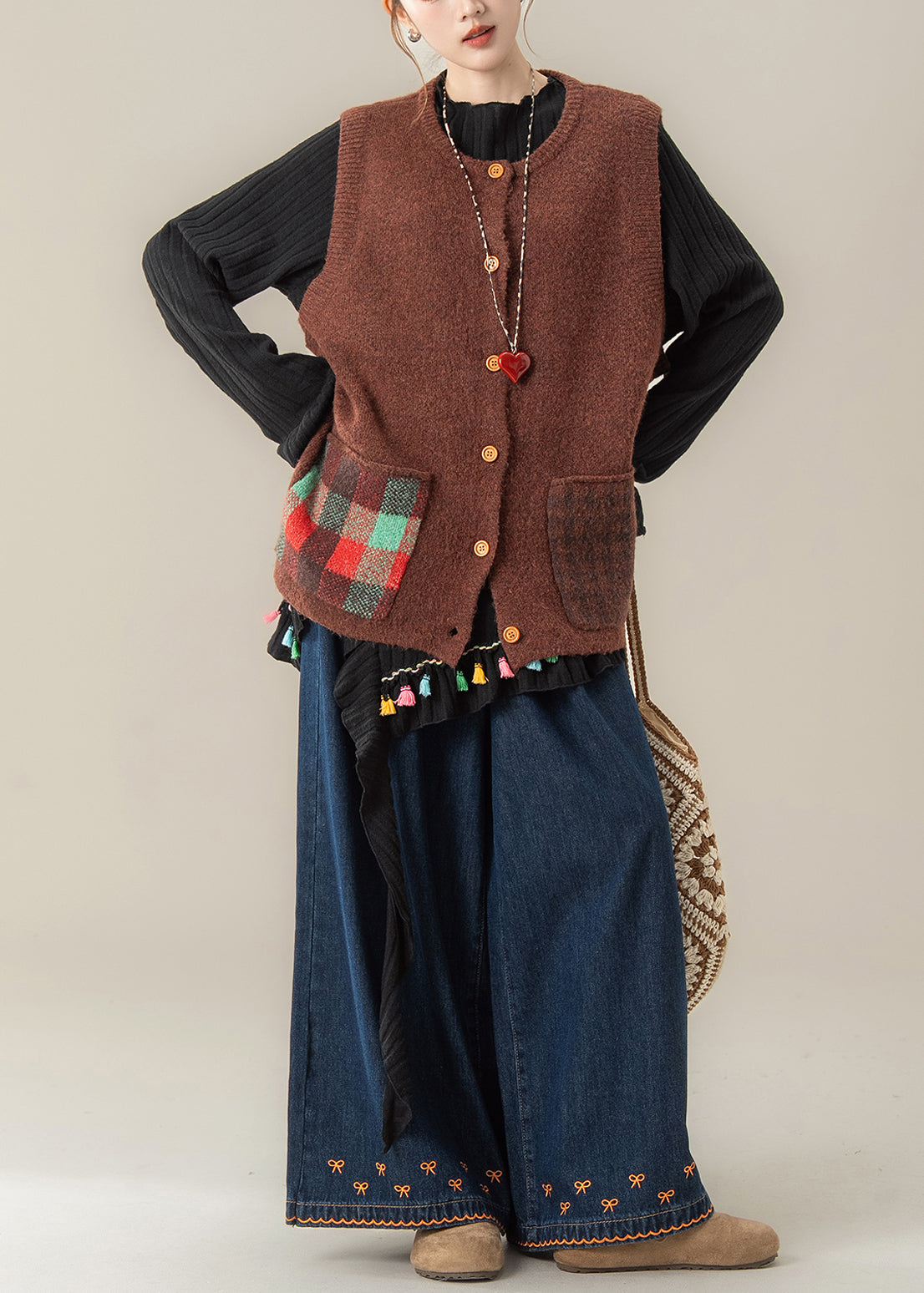 Japanese Style Coffee Knitted Vest T Shirt and Pants Three Piece Set Autumn