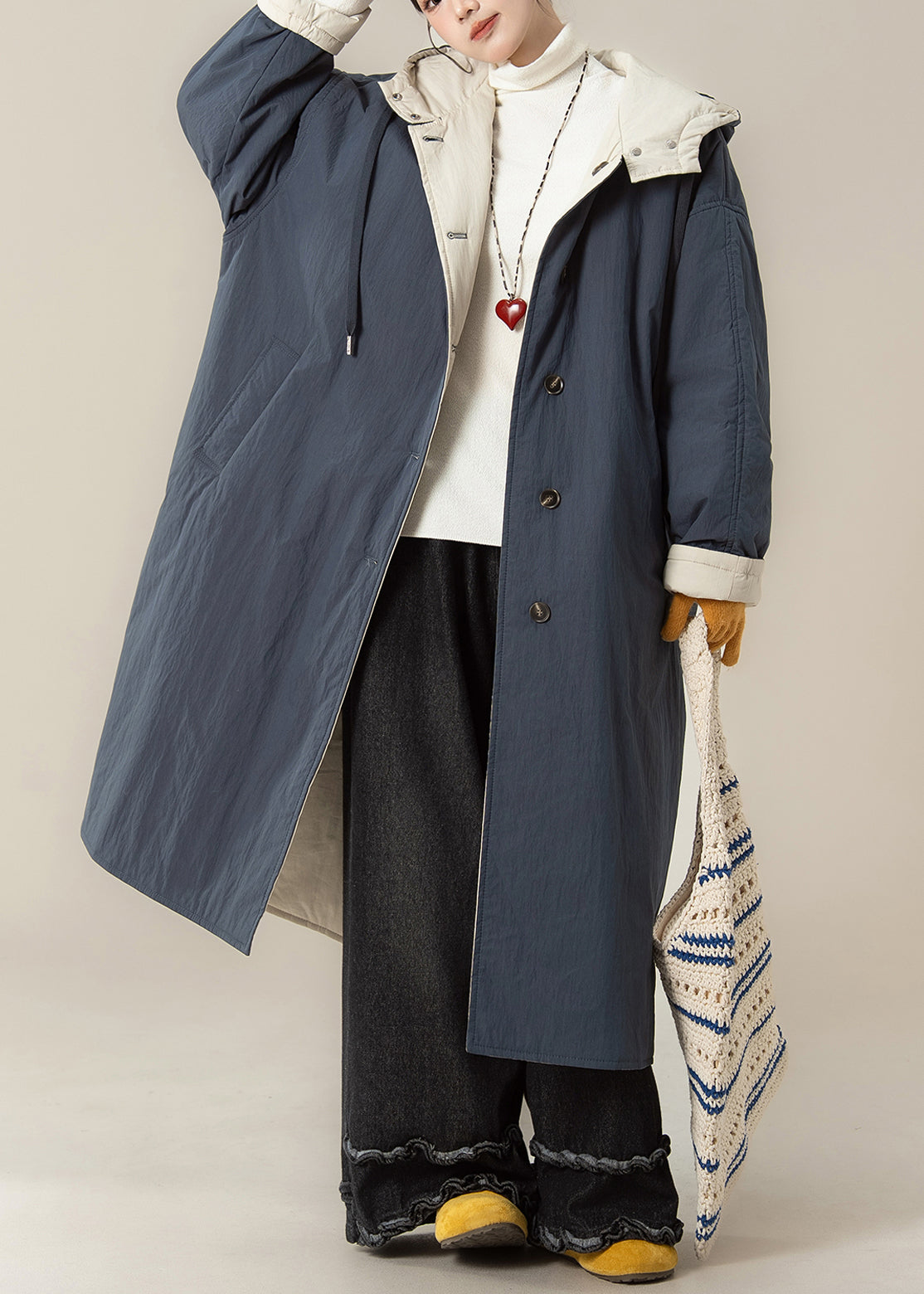 Japanese Style Wear on Both Sides Hooded Cotton Filled Coat Winter