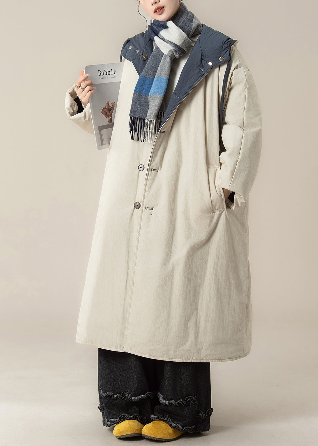 Japanese Style Wear on Both Sides Hooded Cotton Filled Coat Winter
