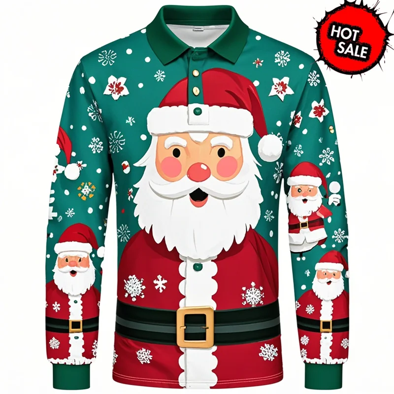 Santa Claus Polo Shirt - Stylish Men's Polo Shirt with 3D Print & Breathable Cotton