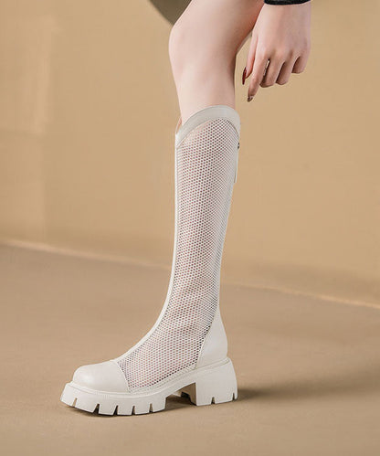 Khaki Breathable Mesh Chunky Cowhide Leather Splicing Boots