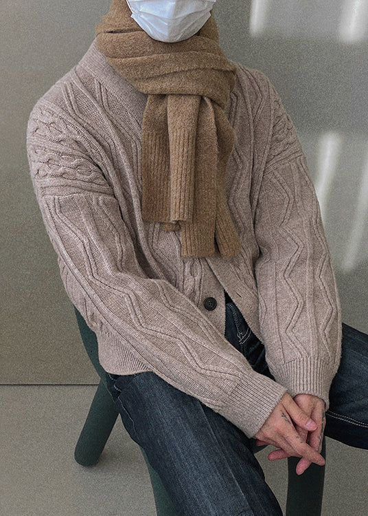 Khaki Button Cozy Silk Coat V Neck