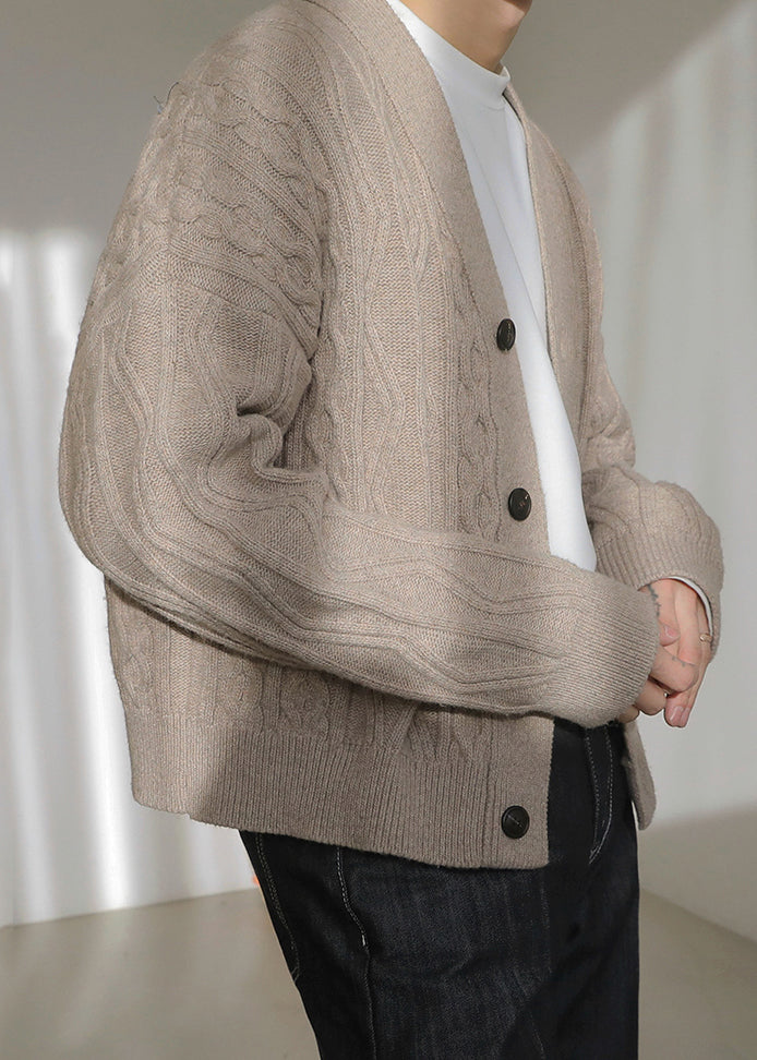 Khaki Button Cozy Silk Coat V Neck