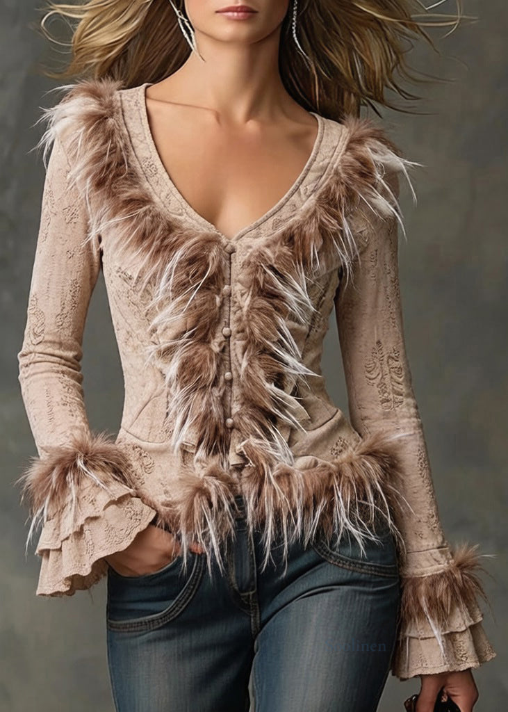 Khaki Button Fluffy Patchwork Cotton Blouses Hole