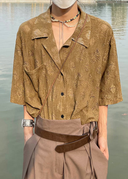 Khaki Button Pockets Shirt Peter Pan Collar Summer