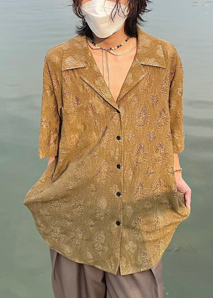 Khaki Button Pockets Shirt Peter Pan Collar Summer