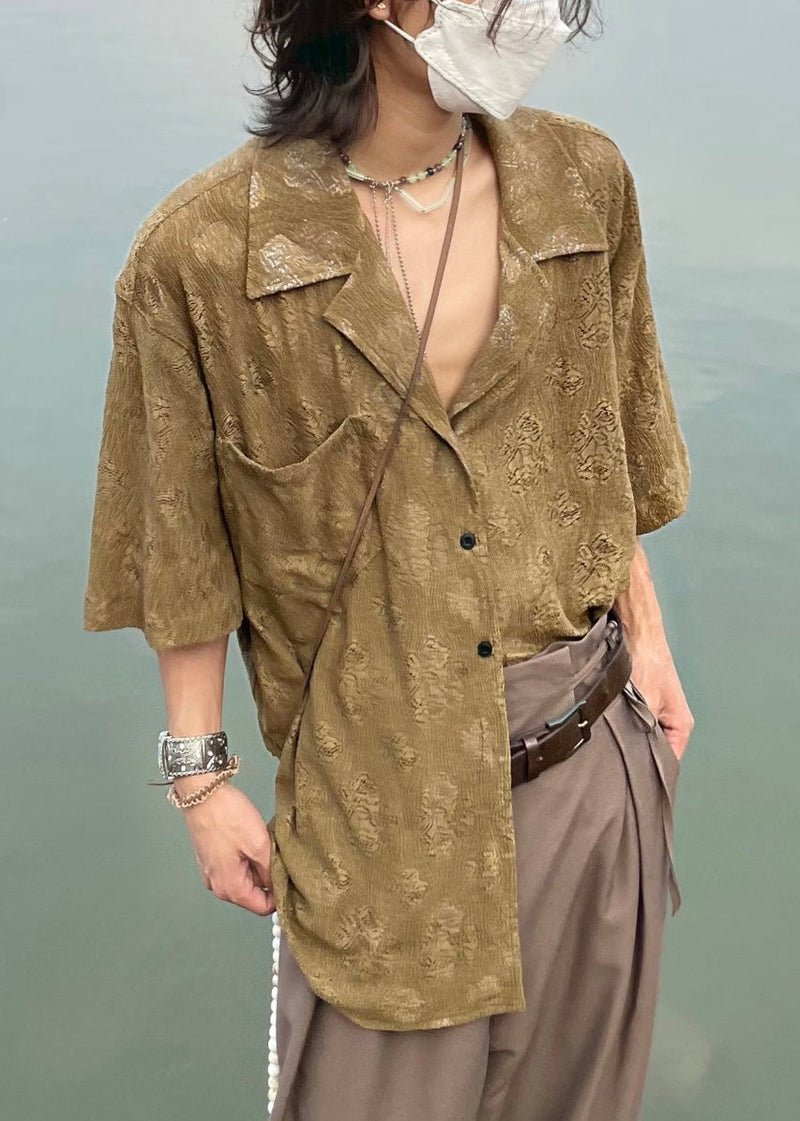 Khaki Button Pockets Shirt Peter Pan Collar Summer