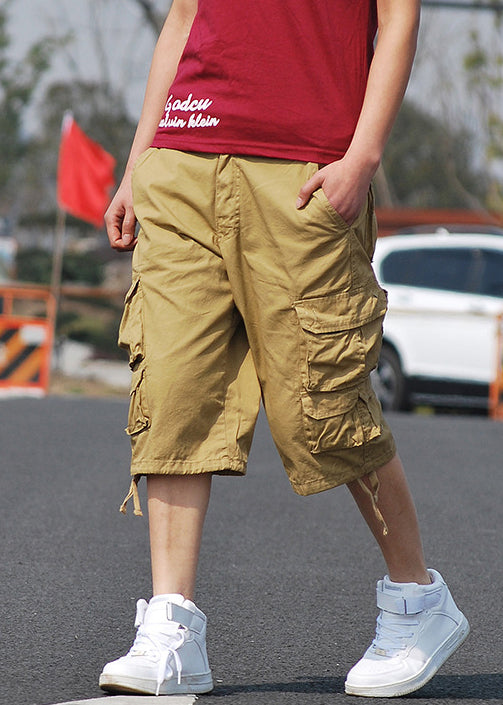 Khaki Button Cotton Summer Crop Pants Pockets