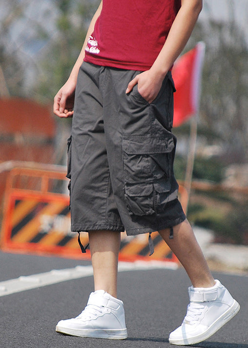 Khaki Button Cotton Summer Crop Pants Pockets